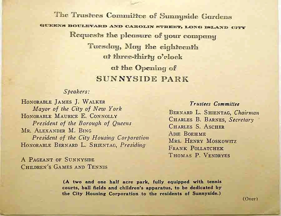 Historic invitation for the May 18, 1926 opening of Sunnyside Park
