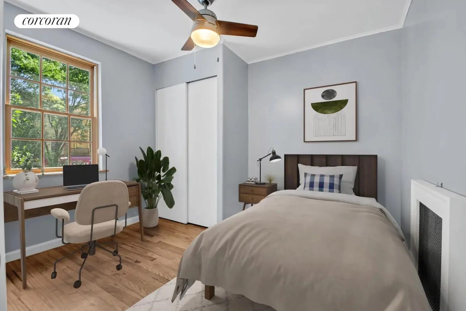 Kitchen and dining area with Sunnyside Gardens artwork