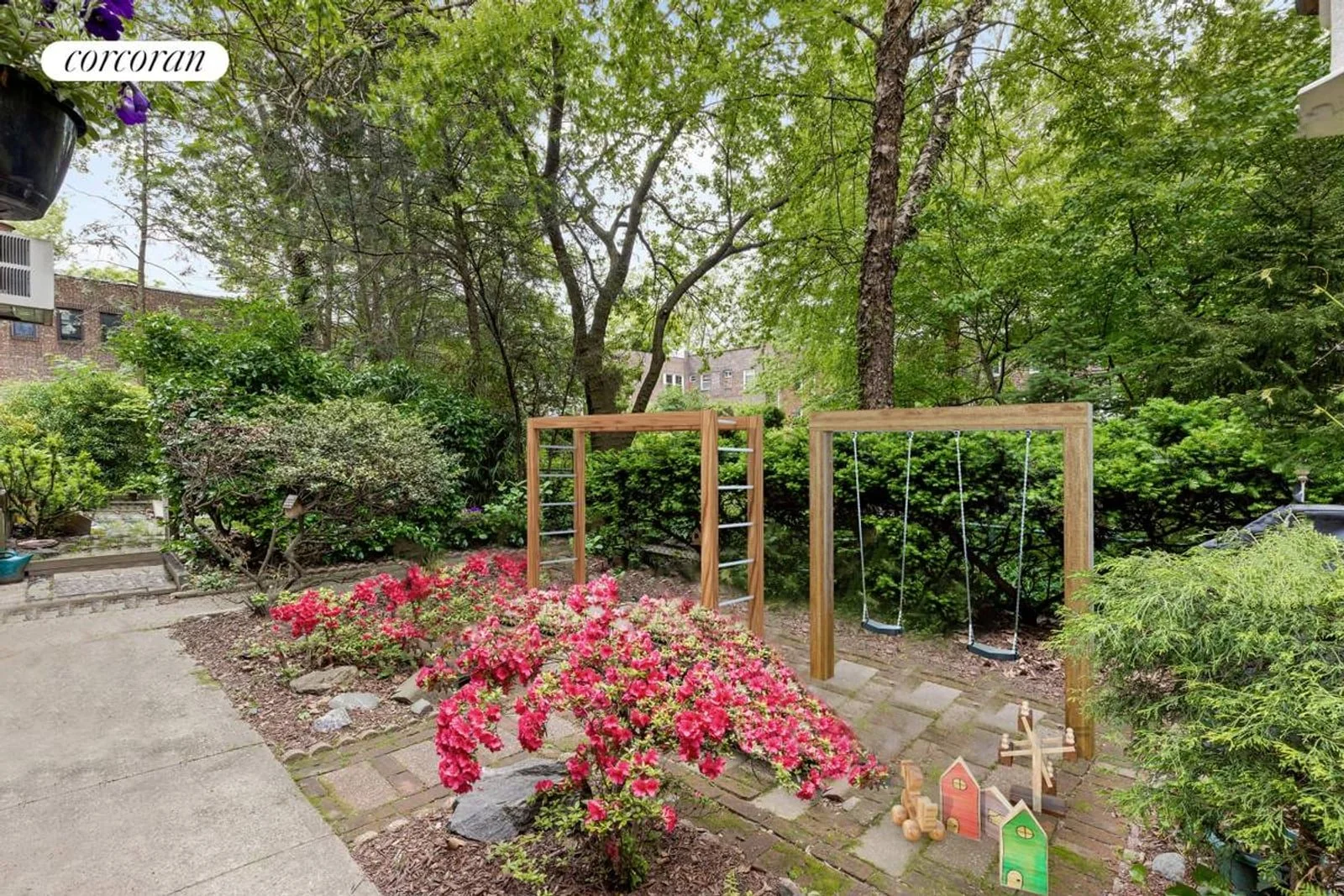 Deep private garden with mature planting