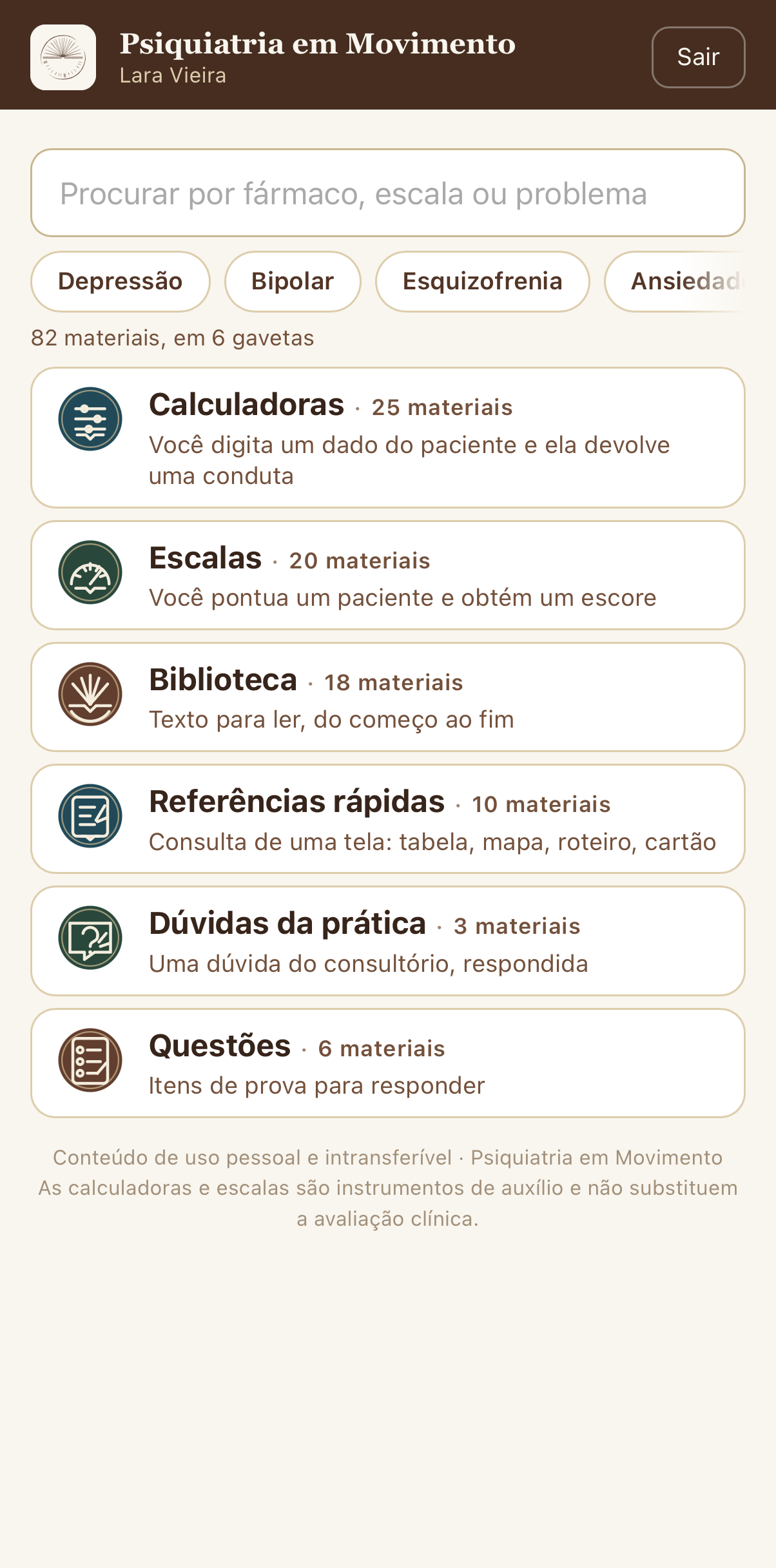 Tela de categorias de conteúdo do App PQM