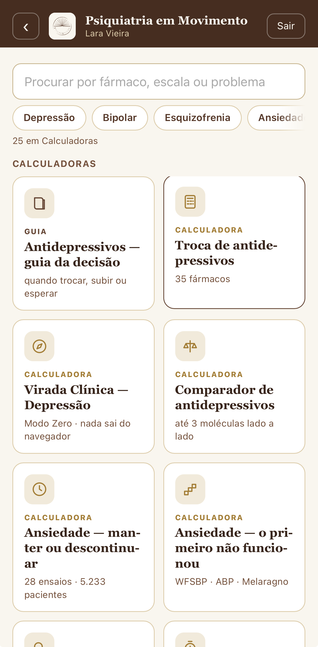 Tela de calculadoras do App PQM