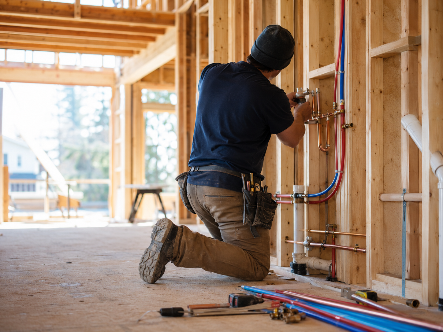 Plumber installing rough-in plumbing in a Vaughan custom home