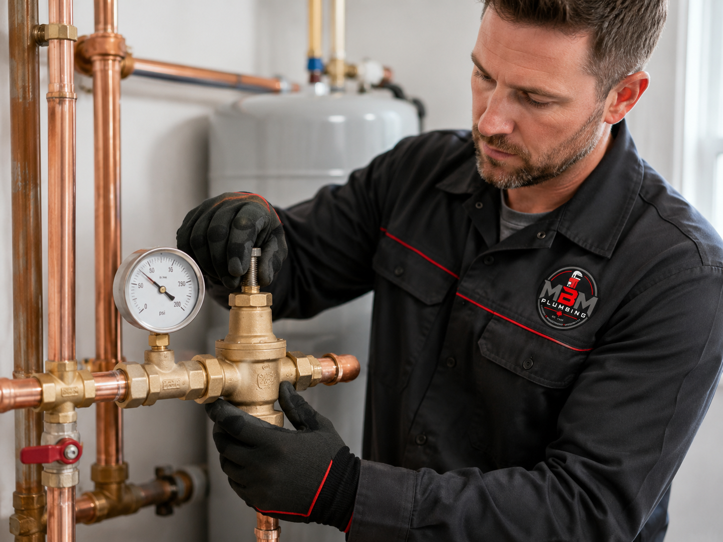 Plumber adjusting a water pressure valve