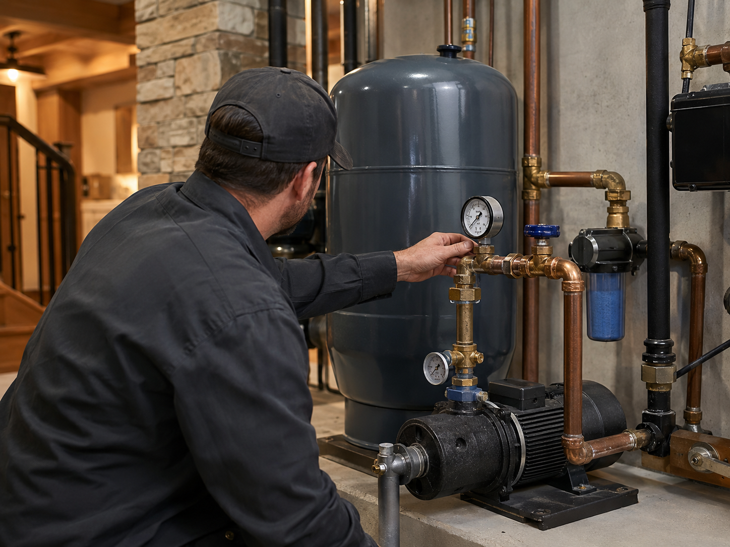 Plumber servicing a well pressure tank in a Richmond Hill home