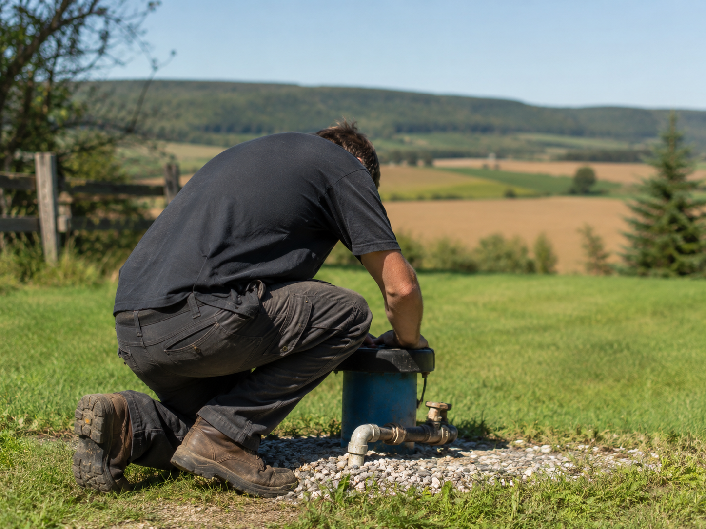 Plumber inspecting a well head at a rural Grey County property