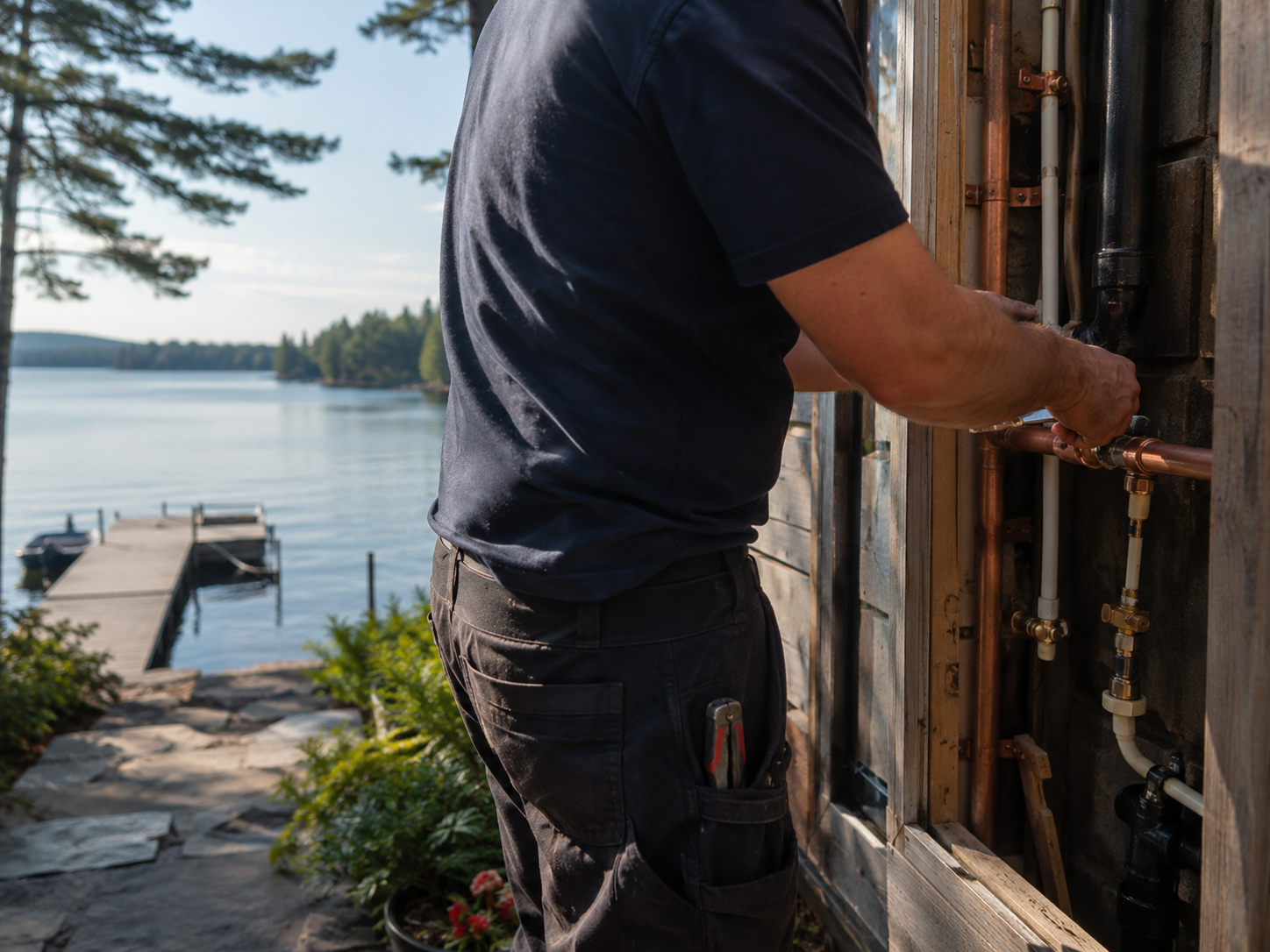 Plumber working on water lines at a Muskoka lakeside cottage