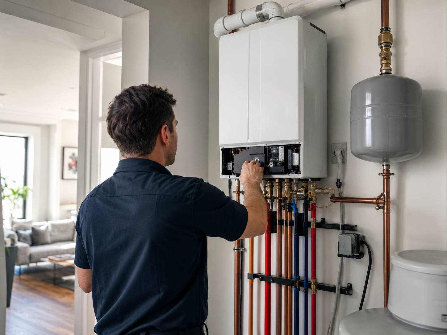 Plumber servicing a tankless water heater in a North York home