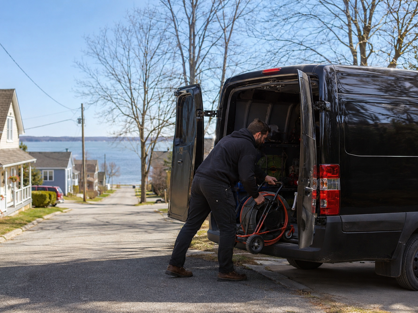 Plumber loading equipment outside a Simcoe County home