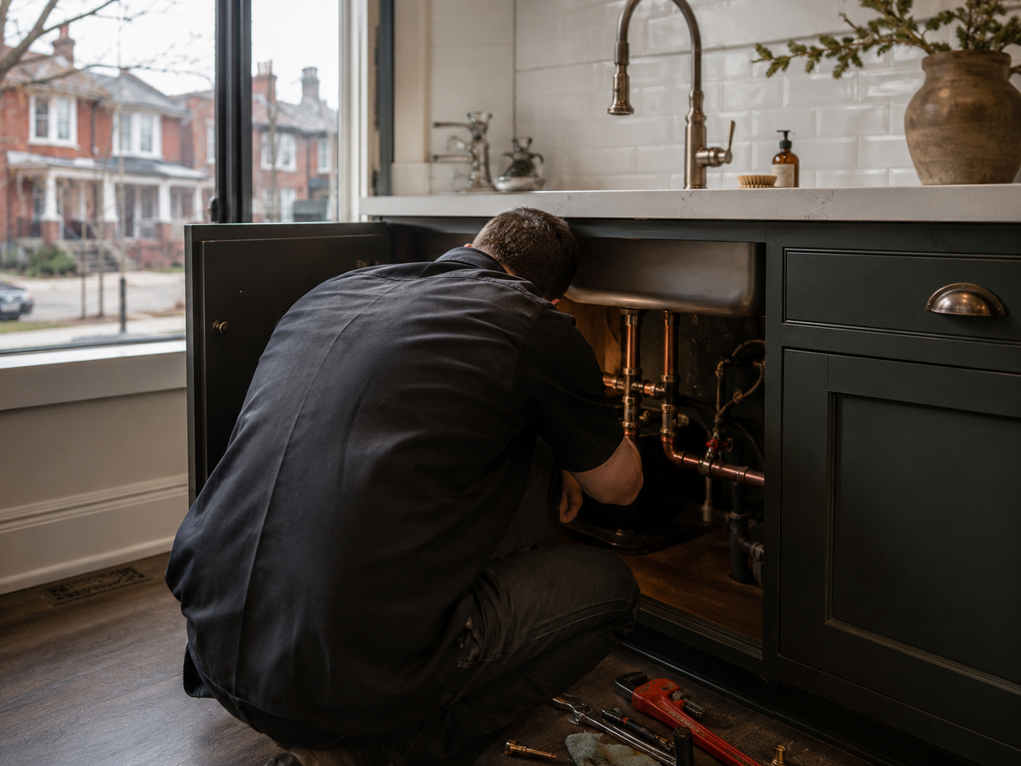 Plumber repairing kitchen plumbing in an older Toronto home