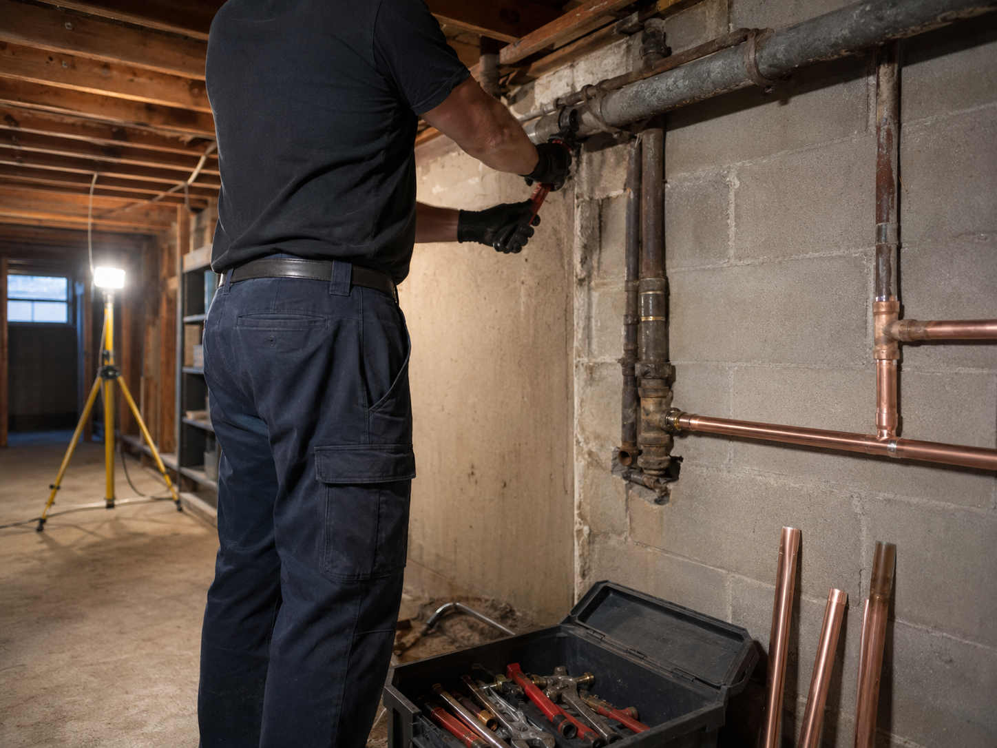 Plumber replacing old pipe in a Scarborough bungalow basement