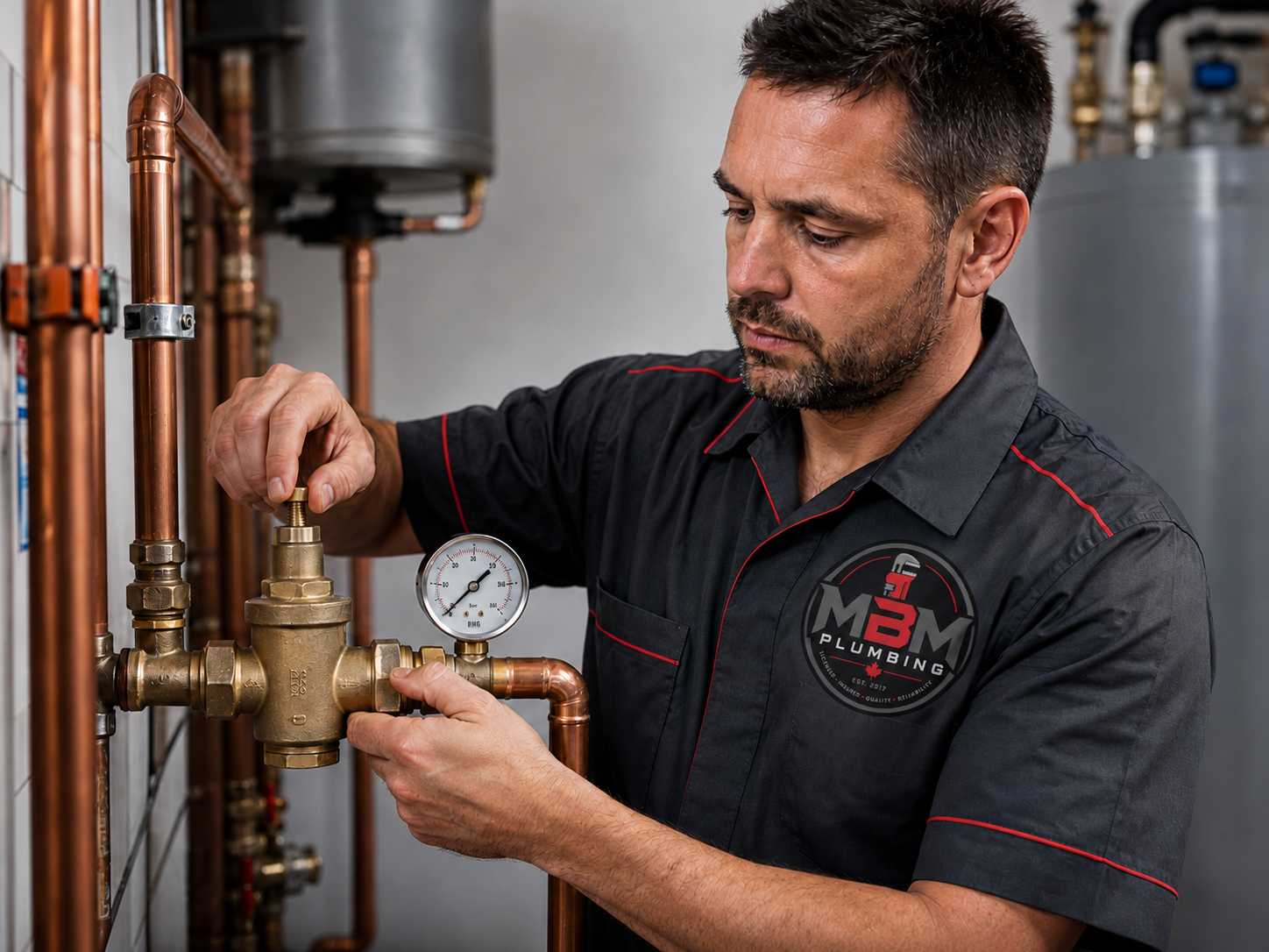 MBM plumber adjusting a water pressure valve in Markham
