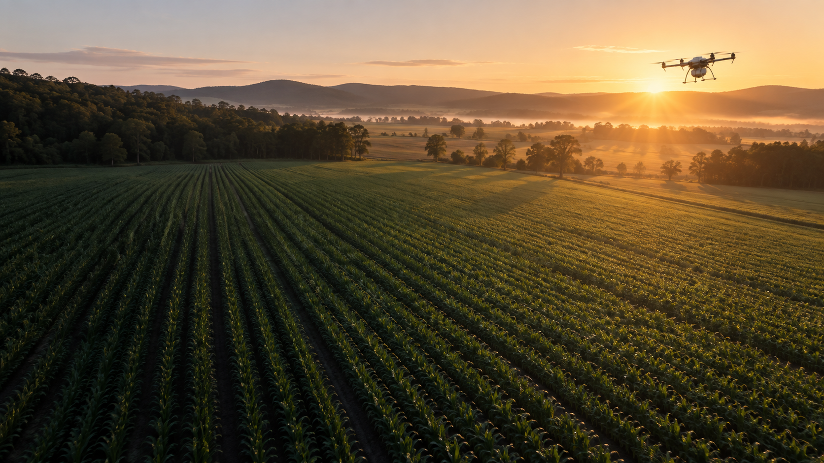 Agricultural drone above crop rows