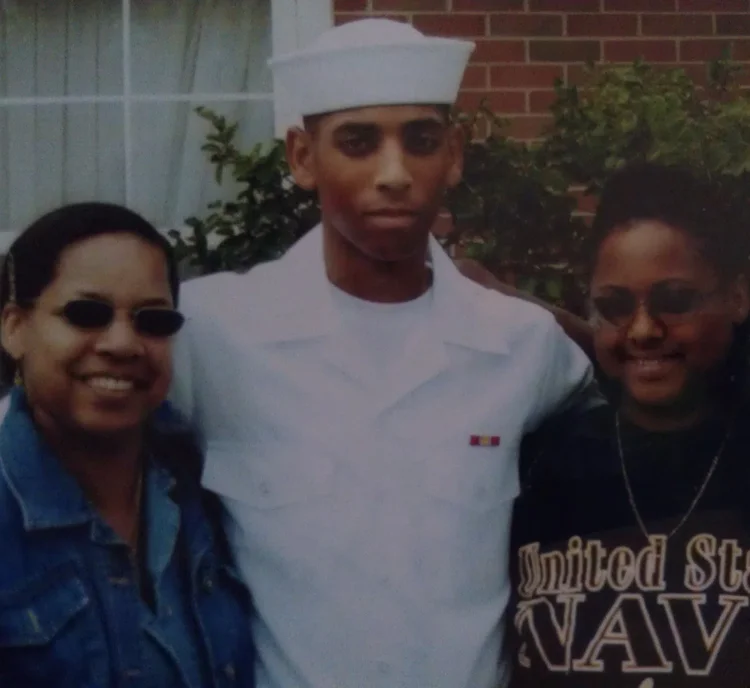 Rashad Houston with his mom and sister at his Navy boot-camp graduation in Great Lakes, Illinois.