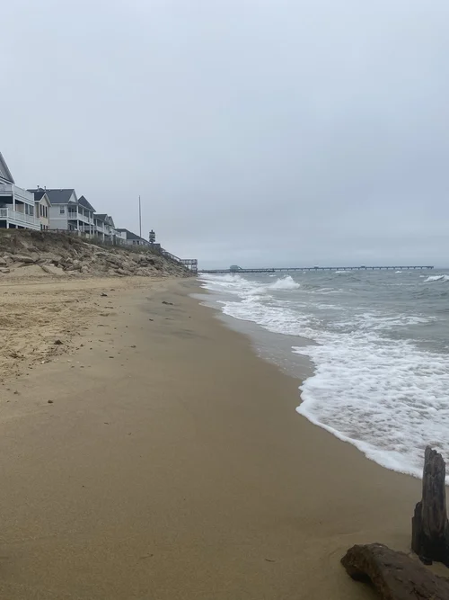 Waves meet the Ocean View beach below a rocky embankment and shoreline homes, with a pier in the distance.
