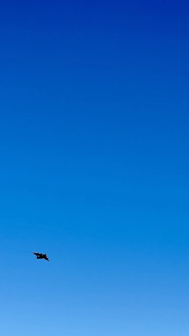 A small aircraft silhouetted in an expansive blue sky.