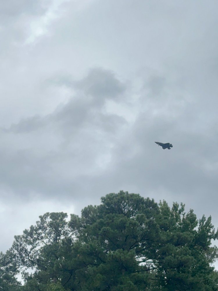 An aircraft crossing a cloudy sky above trees.