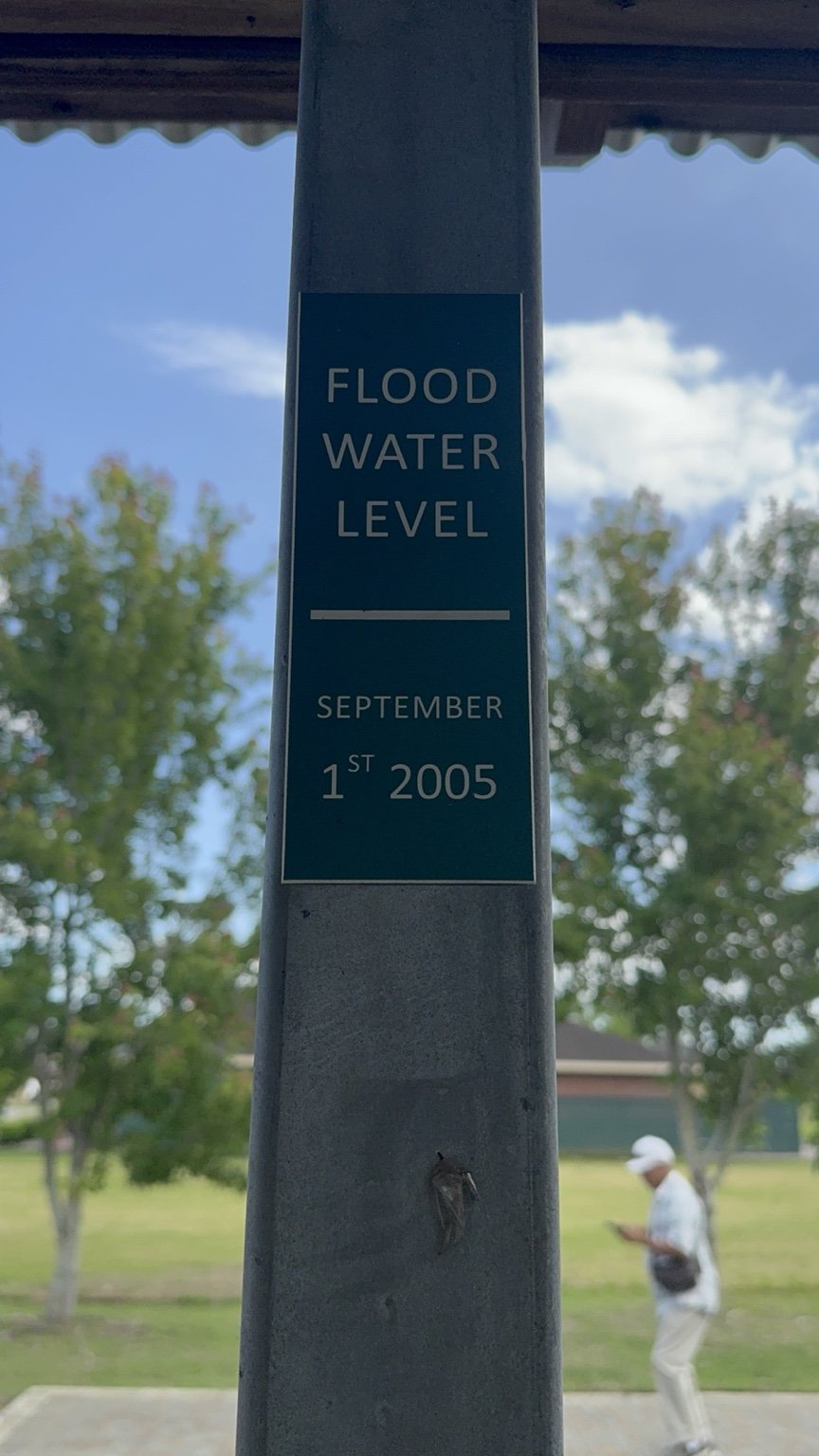 A Hurricane Katrina flood-water marker dated September 1, 2005.