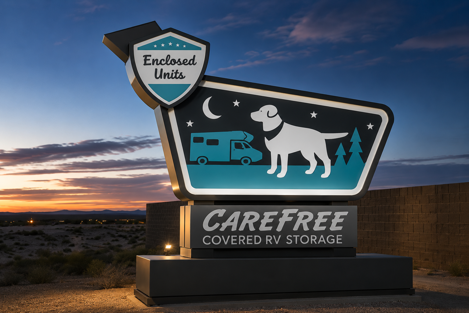 Illuminated Carefree Covered RV Storage sign with Enclosed Units badge at dusk