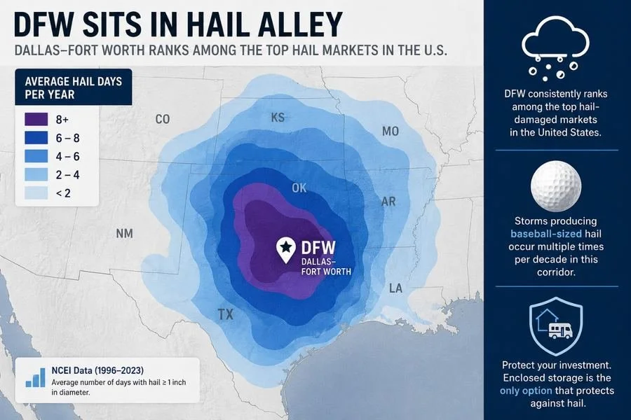 Hail frequency map showing Dallas-Fort Worth at the center of Hail Alley with 8-plus average hail days per year, based on NCEI data 1996-2023