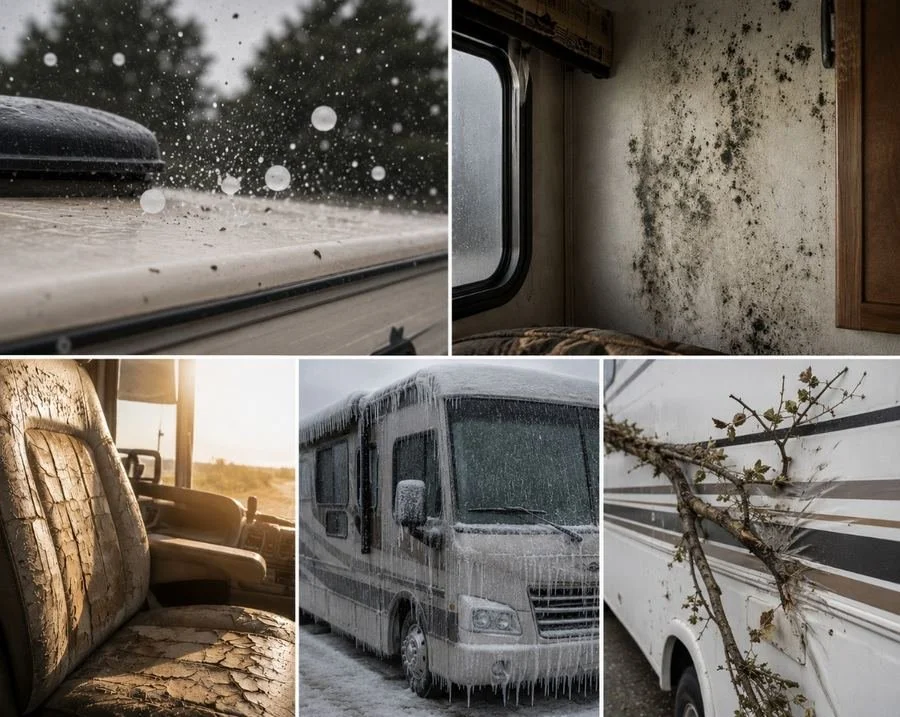 Five Texas weather threats to an unprotected RV: hail impact, interior mold, sun-cracked upholstery, ice storm buildup, and storm debris damage