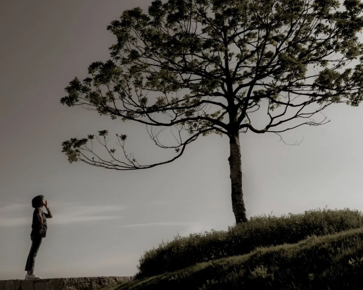 A person standing beside a tree on a hillside, looking up at the sky