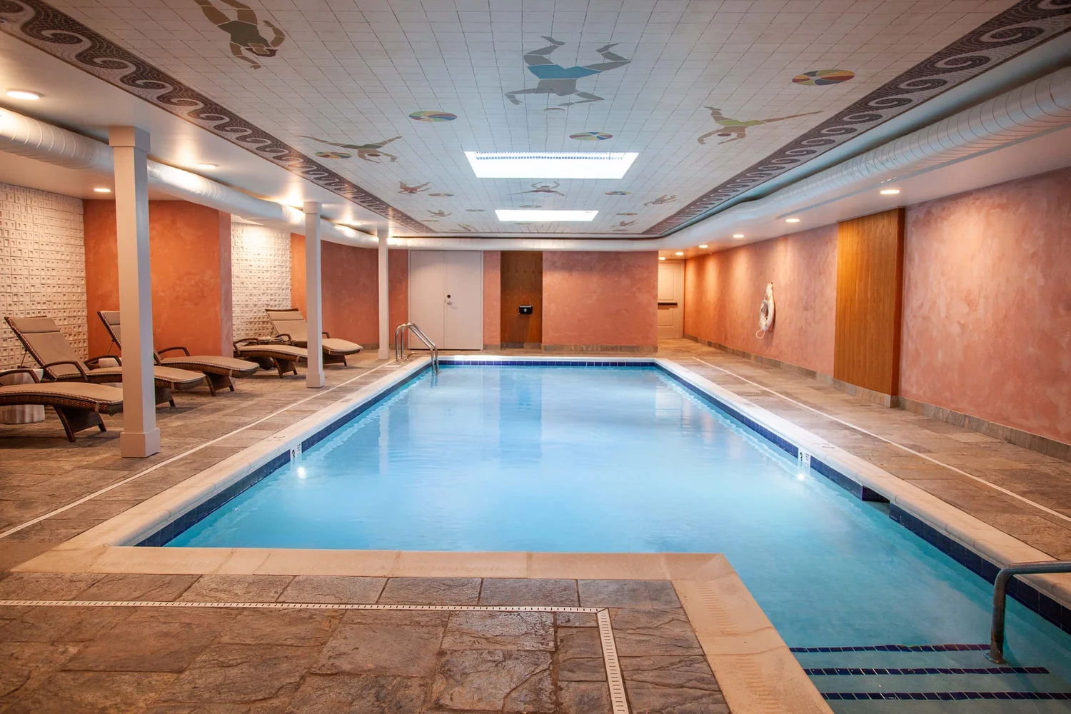 The indoor pool at Delamar Westport, lit from above by skylights