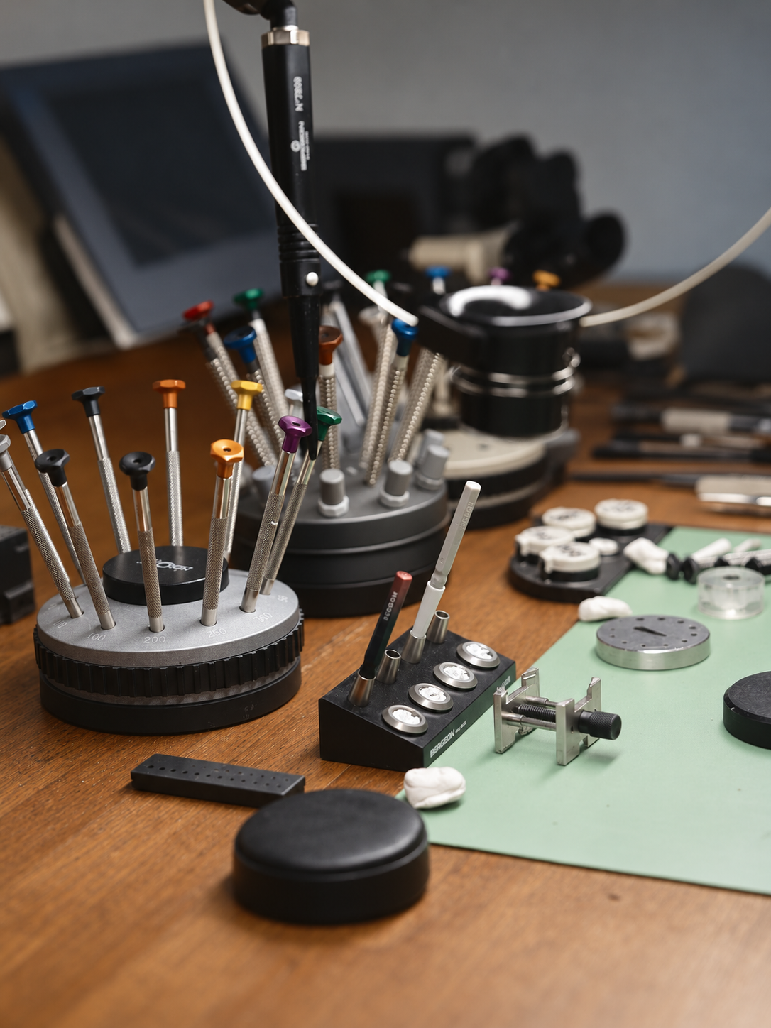Bench tools and movement holders at Meridian Watch Service