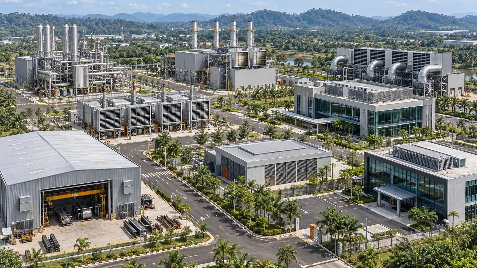 Illustrative industrial and building campus showing silencers, acoustic enclosures, ventilation systems, treated rooms, fabrication and acoustic testing