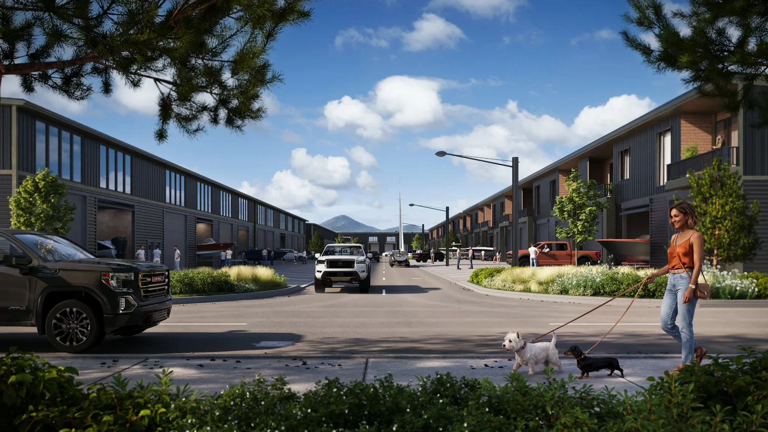 North Shore Landing building exterior rendering with private balconies, metal siding and mountain views