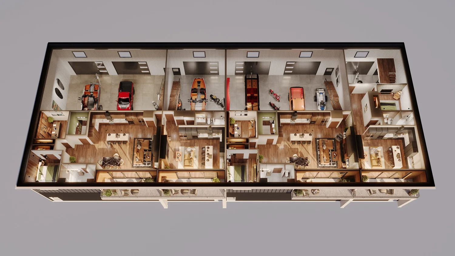Cutaway rendered floorplan of North Shore Landing residences above heated garage shops, Somers MT