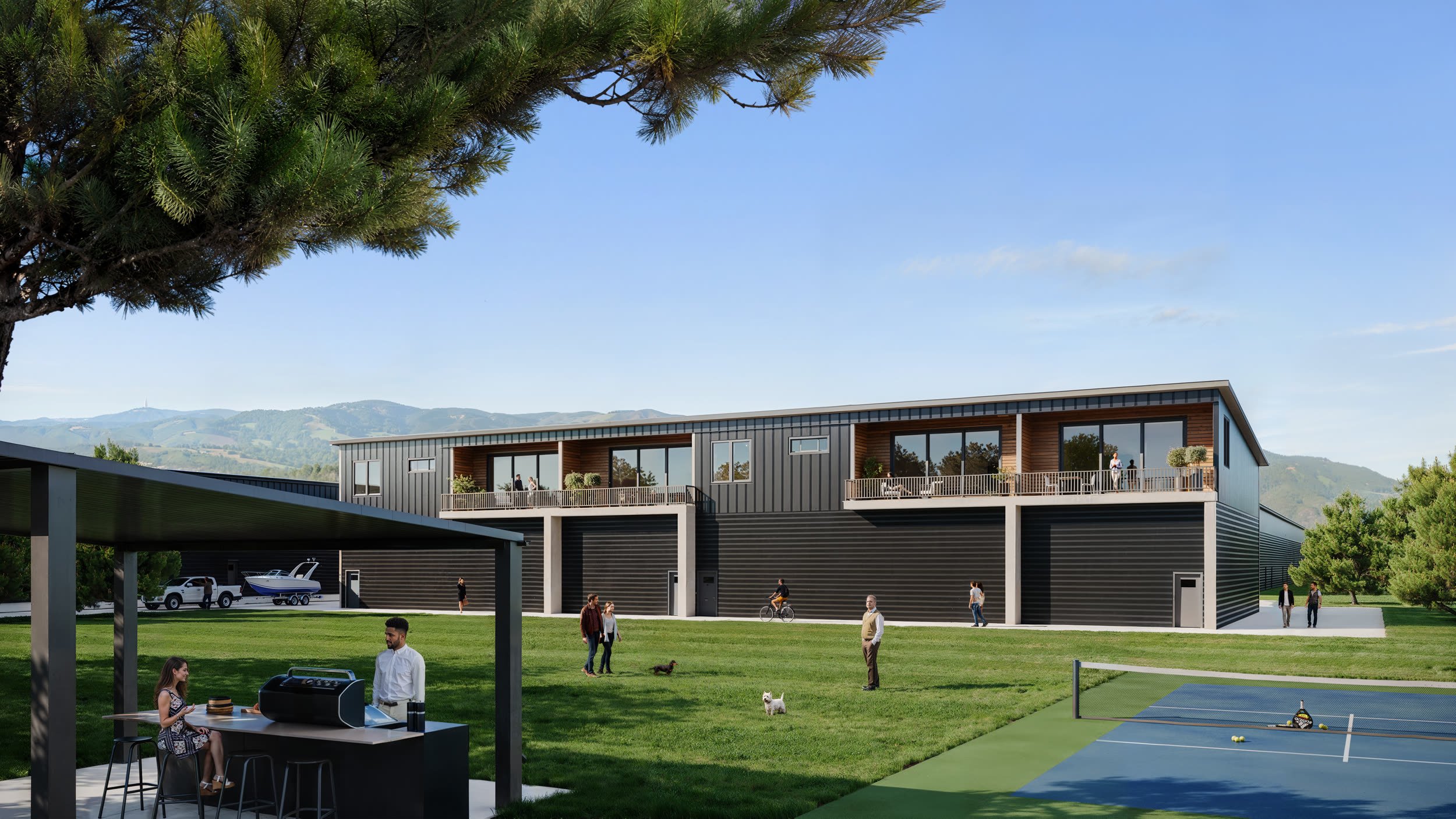 North Shore Landing community lawn, pickleball court and BBQ pavilion rendering, Somers Montana