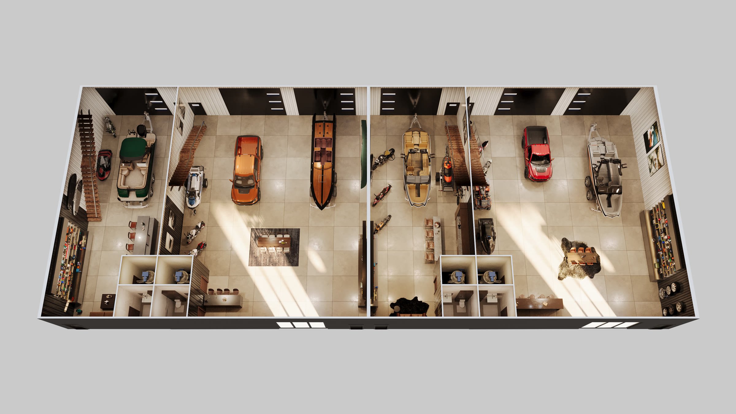 North Shore Landing garage level rendered floorplan — heated shop bays with 16 by 14 foot doors for boats and RVs