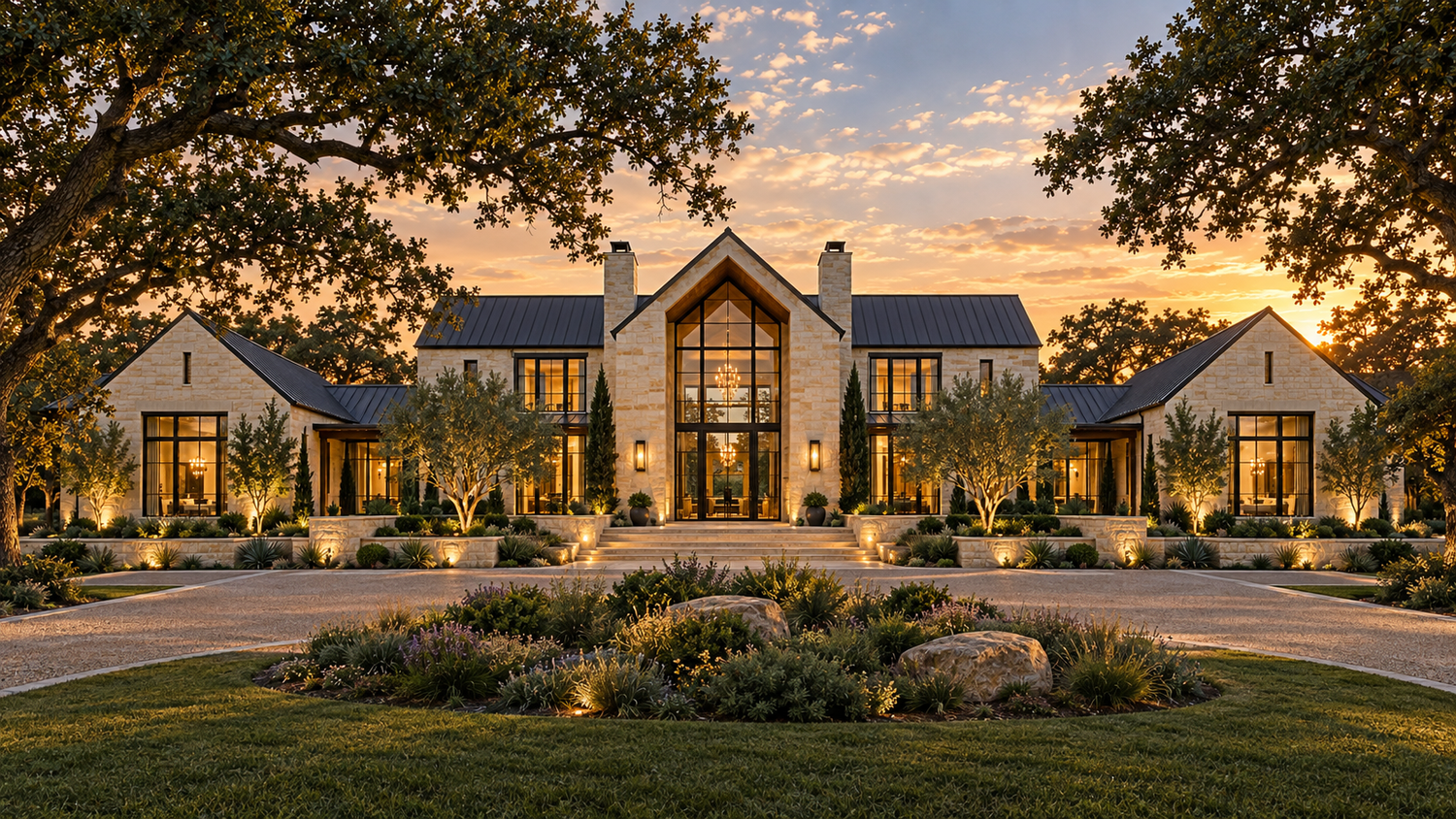 The Oakcrest: architectural exterior concept with warm ivory limestone, dark roofing, warm wood, and expansive windows