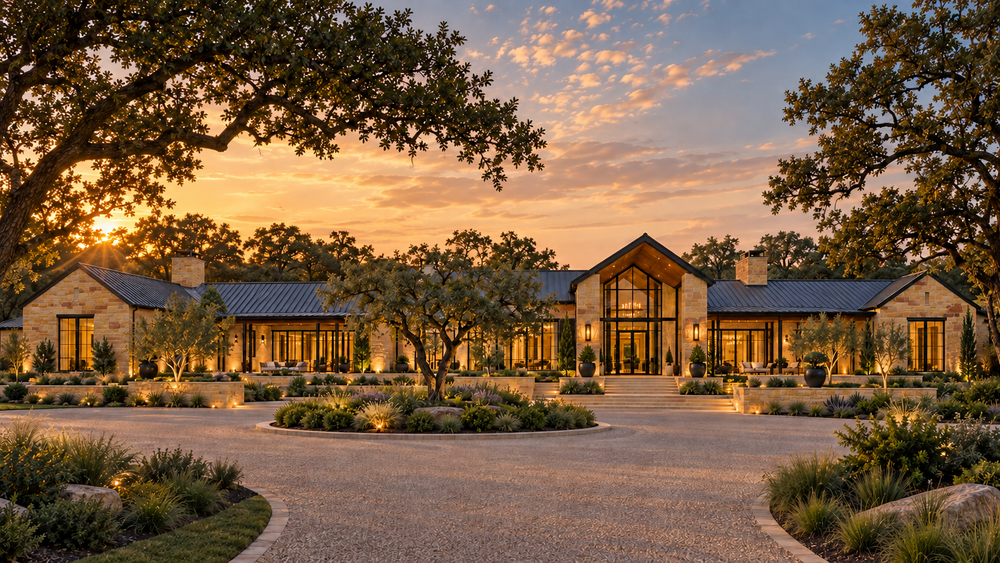The Ridgeline: architectural exterior concept with sandy tan sandstone, dark roofing, warm wood, and expansive windows