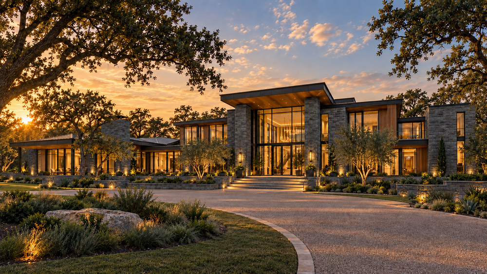 The Glasshouse: architectural exterior concept with charcoal stone, dark roofing, warm wood, and expansive windows