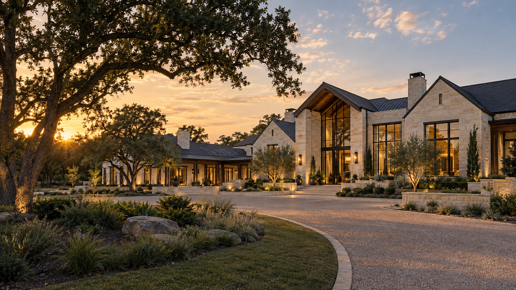 Architectural concept of a Texas limestone estate with expansive glass and mature oak trees