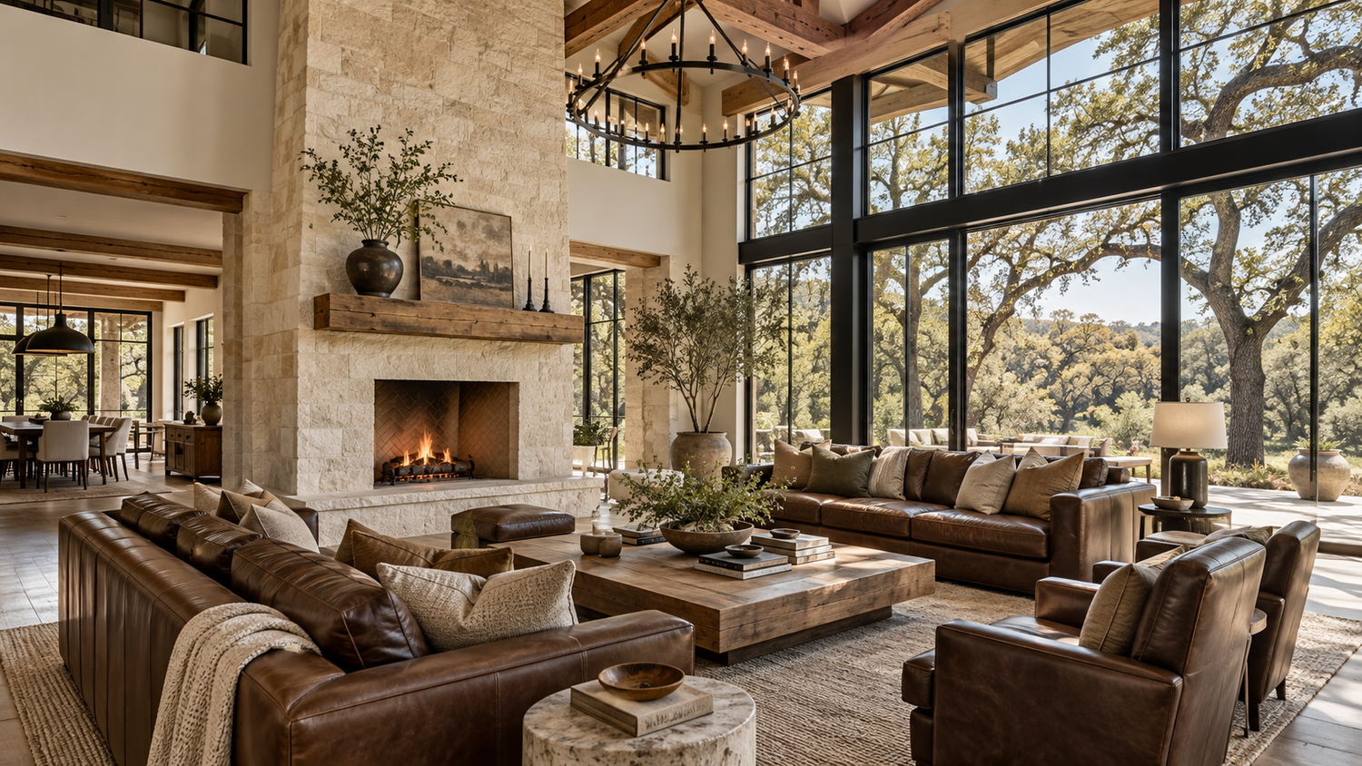 Architectural concept of a light-filled estate living room with stone, wood and expansive windows