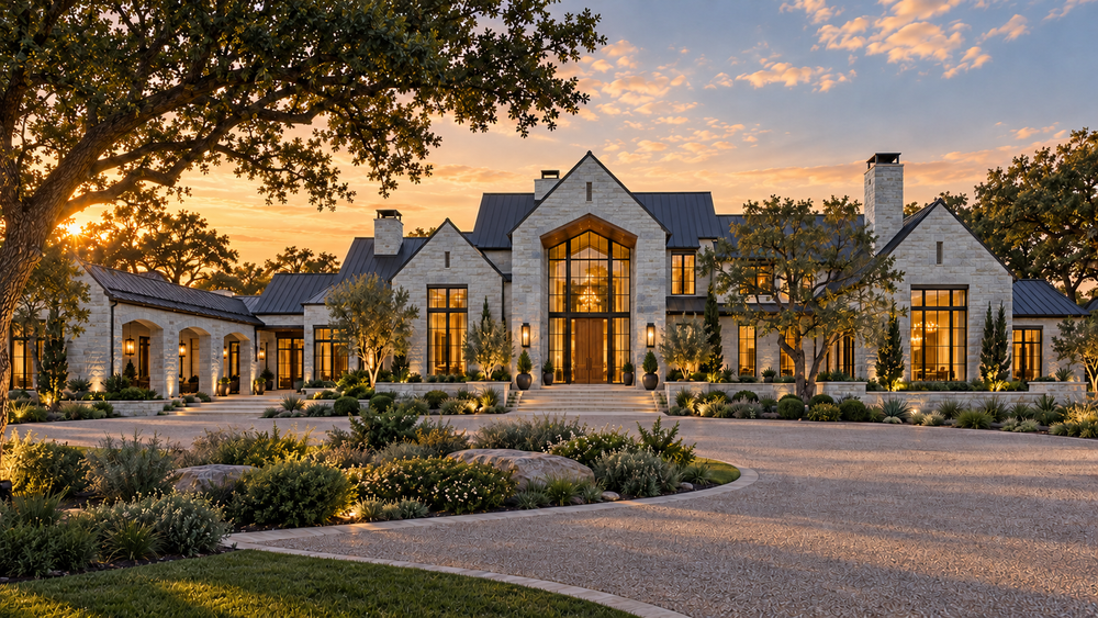 The Heritage: architectural exterior concept with silver gray limestone, dark roofing, warm wood, and expansive windows