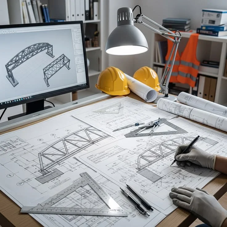 Engineering drafting desk with bridge blueprints and 3D structural model