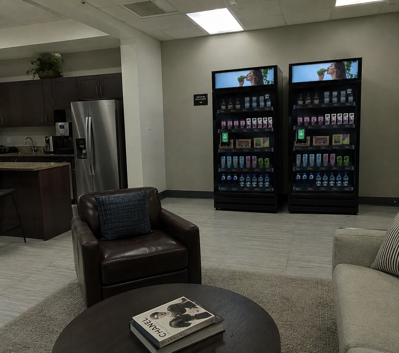 The same break room with a two-cabinet market installed