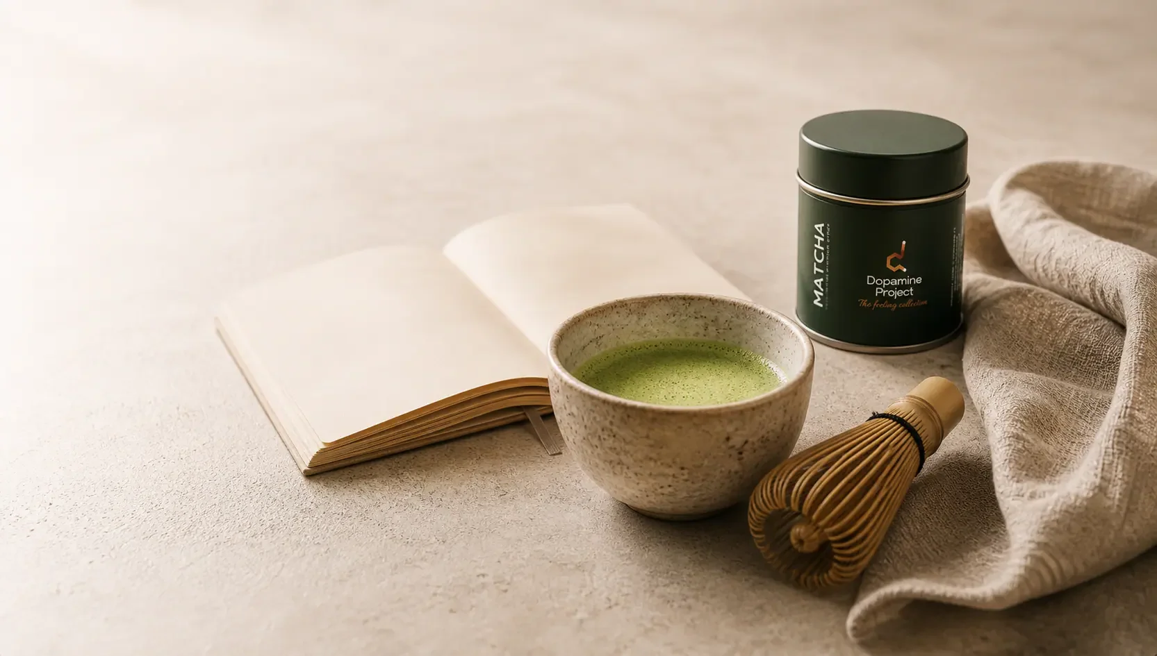 Ritual de matcha con cuaderno, chasen y Green Balance Matcha