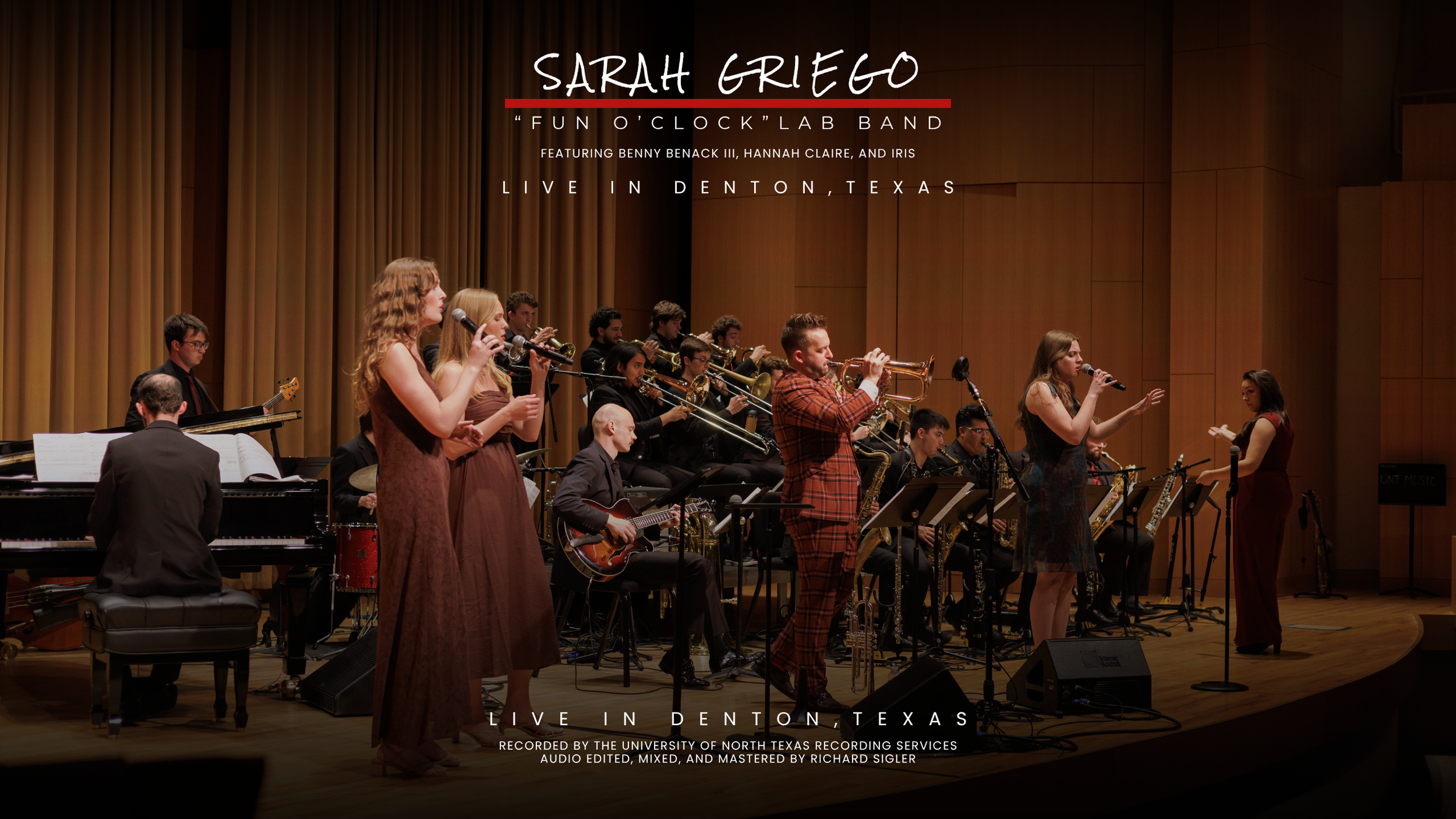 Sarah Griego and the Fun O'Clock Lab Band performing live in Denton, Texas