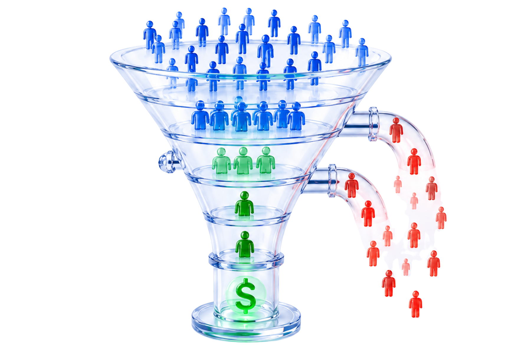 A glass funnel of people figures — many unqualified leads filtering out the side while a few high-quality leads convert into customers and revenue at the bottom — illustrating how low-quality leads leak growth.
