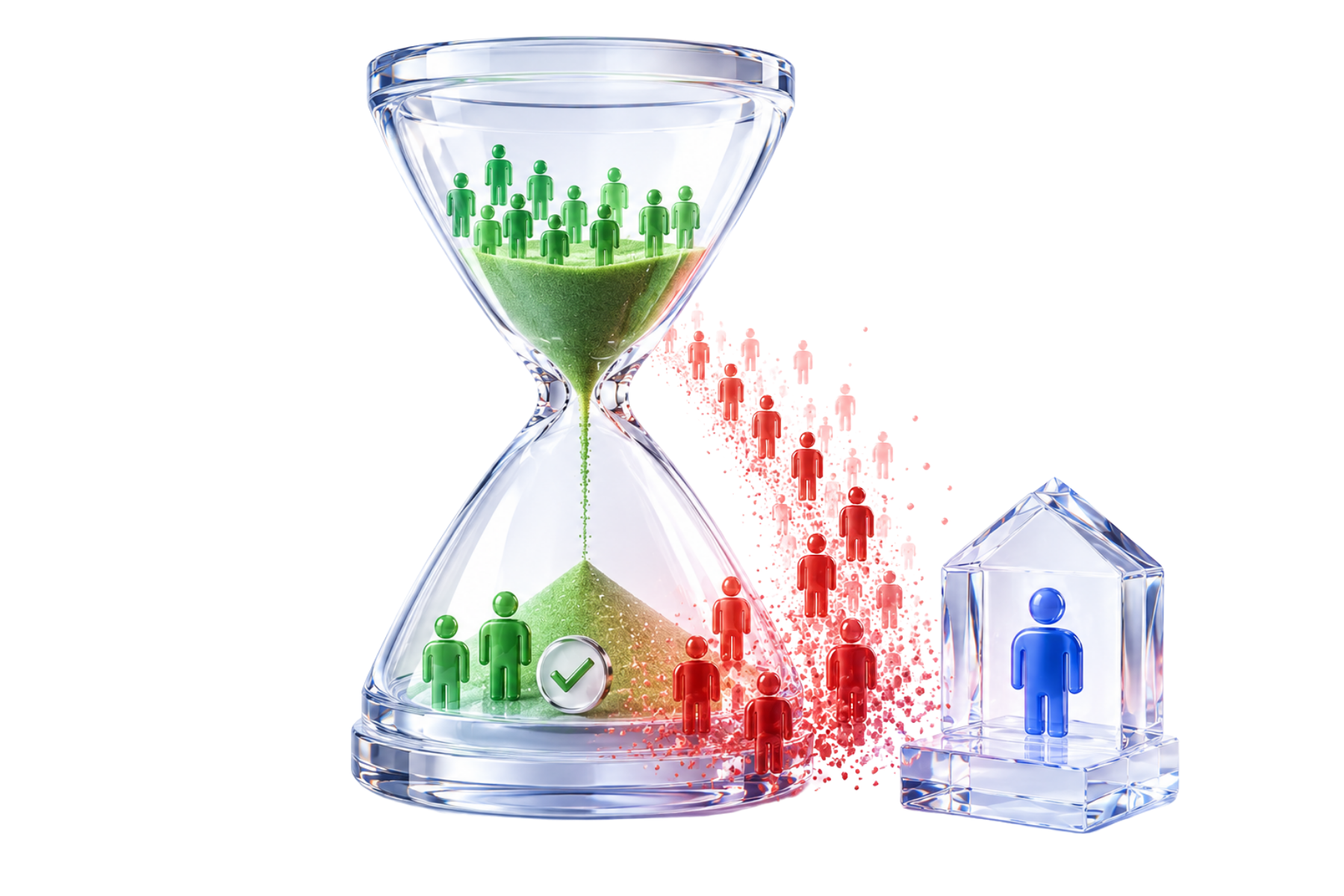 A crystal phone dropping glowing green leads, some turning red and dissolving into the air beside a glass hourglass with its sand running out — illustrating how leads lose value as response time passes.