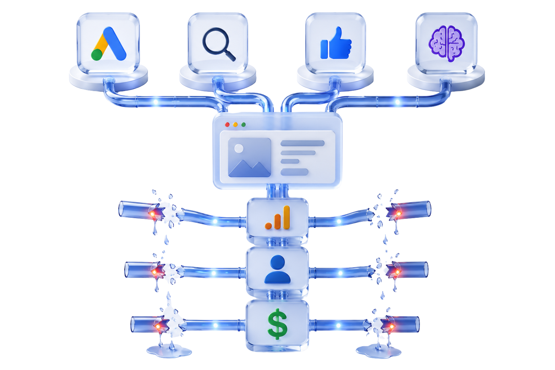Marketing channels — Google Ads, SEO, AI search, and social — feeding a website, GA4, and CRM, with broken connections leaking lead and revenue data — illustrating budget wasted to broken tracking and attribution.