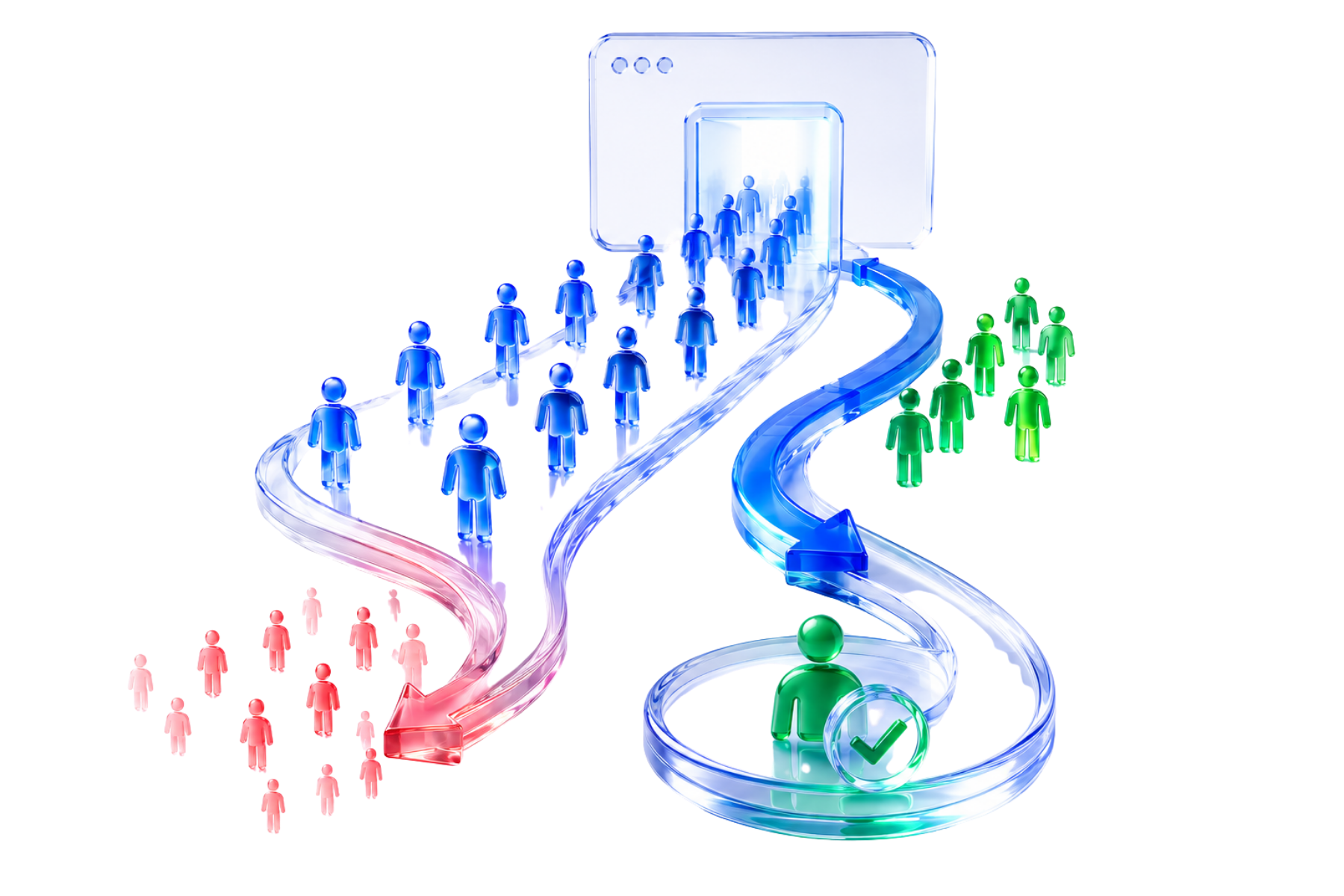 A stream of website visitors leaving a site, with a portion being drawn back through a retargeting loop to return and convert into customers — illustrating how retargeting recovers visitors who would otherwise be lost.