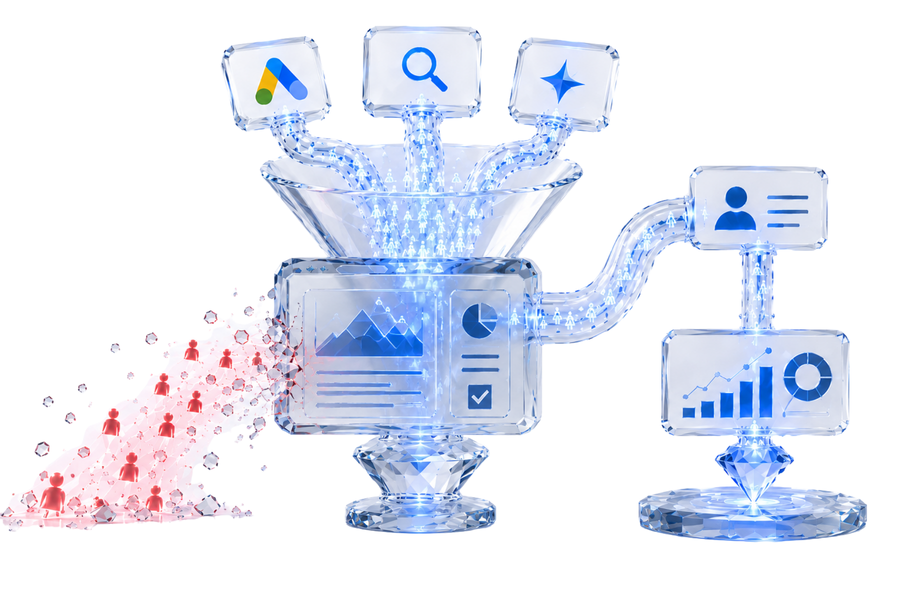 3D glass conversion funnel fed by Google Ads, SEO, AI search, and CRM channels, leaking red lead figures from a crack — illustrating revenue lost to slow website speed.