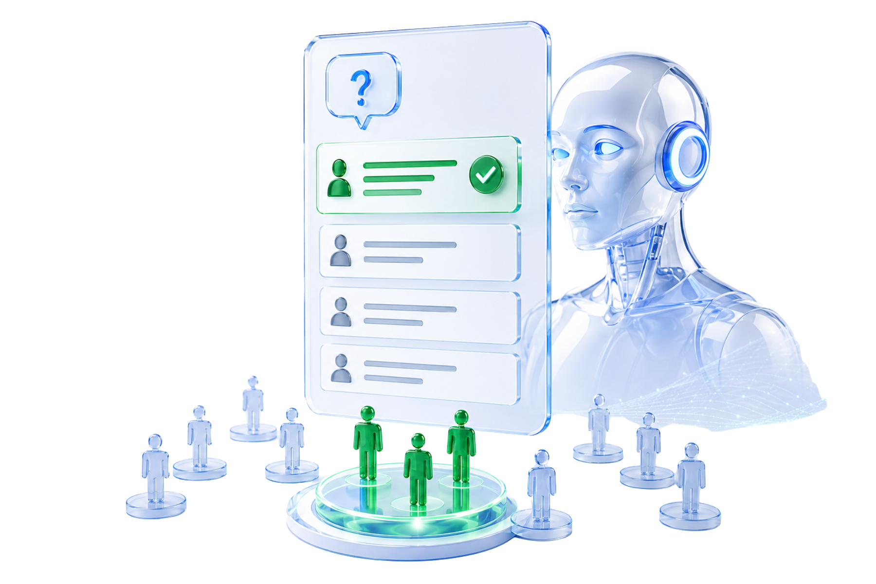 A glowing AI assistant interface surrounded by floating business icons — some lit up and recommended, others faded and invisible — illustrating how AI decides which businesses appear in its answers.