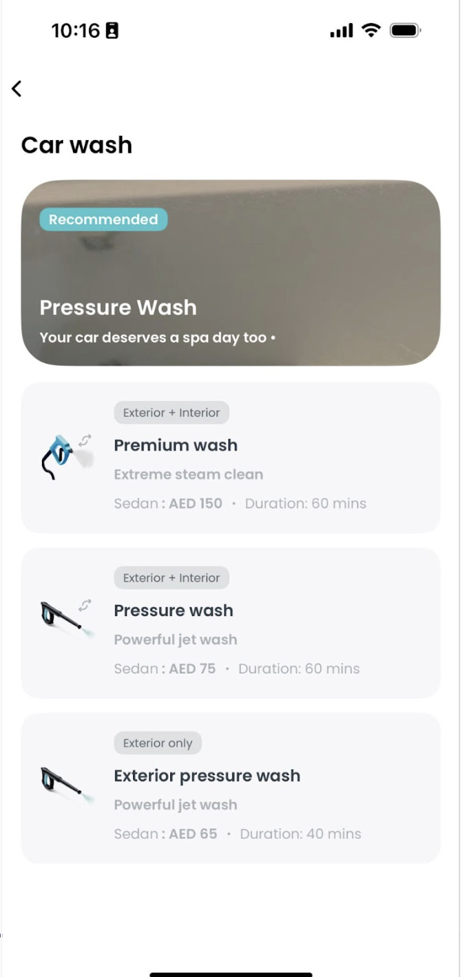 Redesigned car wash selection screen