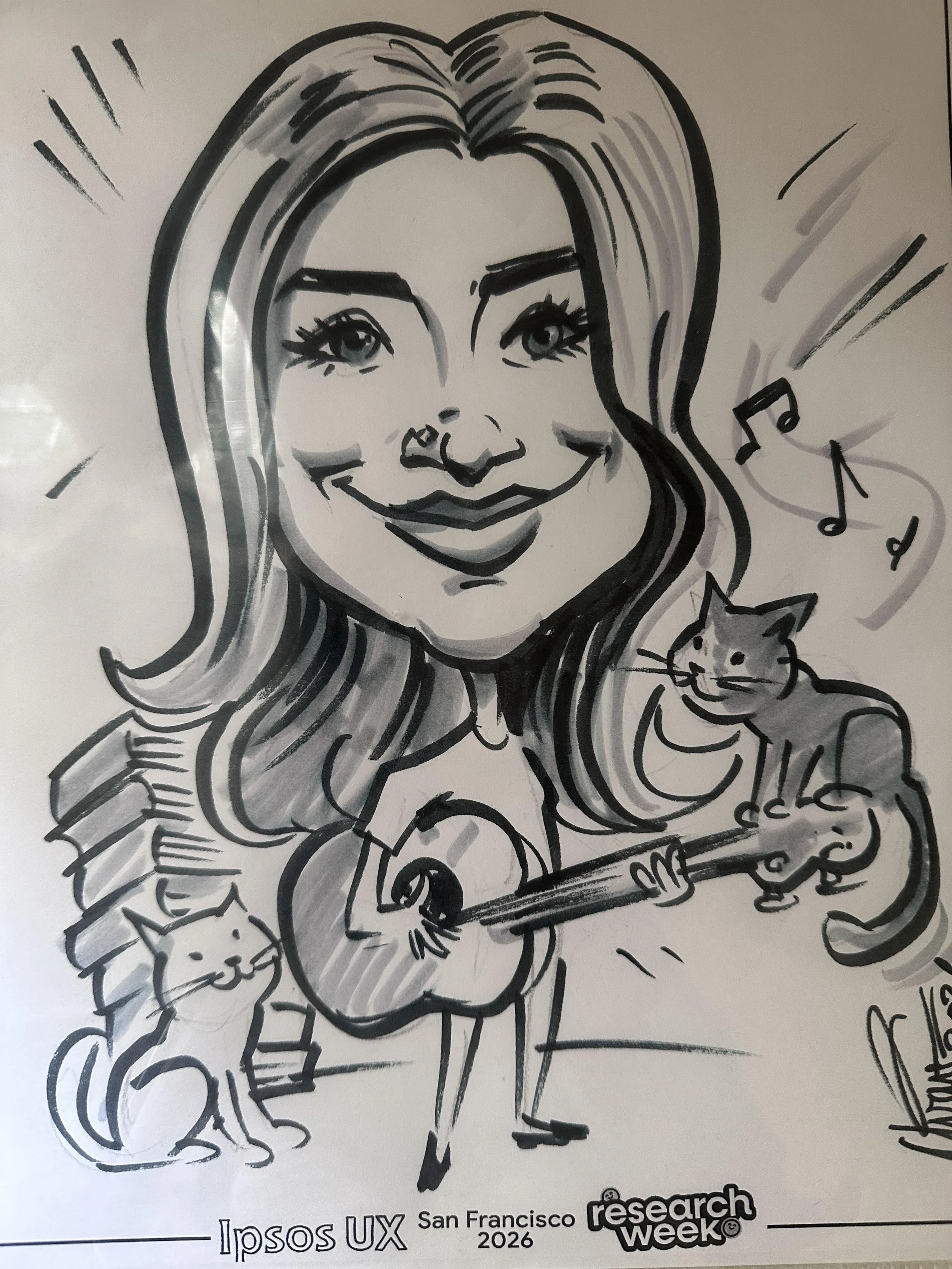 Caricature of Fariha with guitar and two cats — Ipsos UX Research Week San Francisco 2026